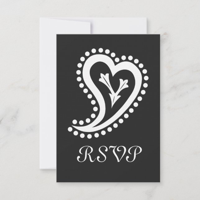 Corazones paisley dulces en tarjeta RSVP negra (Anverso)