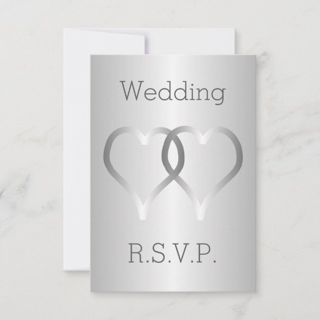Corazones plateados con tarjeta RSVP de boda (Anverso)