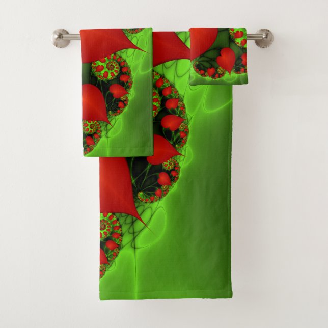 Corazones rojos animan el arte fractal verde moder (In situ)