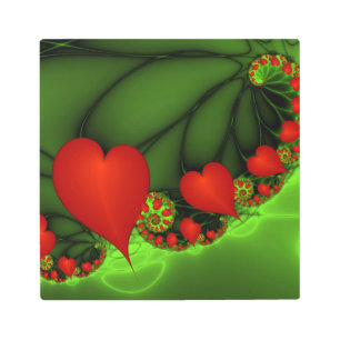 Corazones rojos animan el arte fractal verde moder