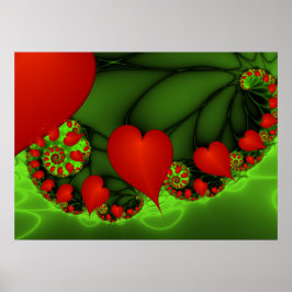 Corazones rojos animan el arte fractal verde moder