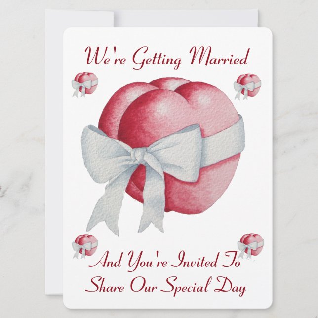corazones rojos con la invitación a la boda de la  (Anverso)