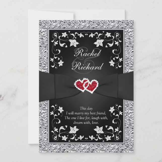 Corazones rojos de plata negros, invitación floral (Anverso)