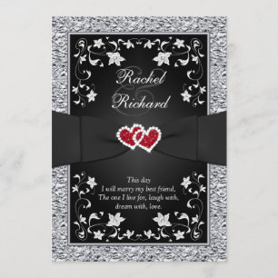 Corazones rojos de plata negros, invitación floral