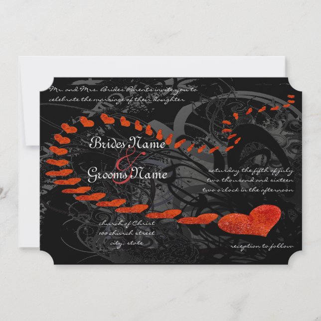 Corazones rojos en la invitación a la boda de negr (Anverso)