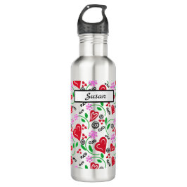 Corazones rojos Flores rosadas Botella de agua