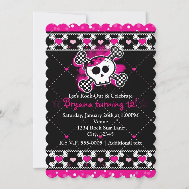 Corazones rosados, cráneos y vivas invitaciones pa (Anverso)
