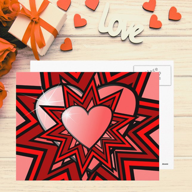 Corazones rosados en tarjeta postal de diseño abst (Pink Hearts in Red Abstract Design Postcard)