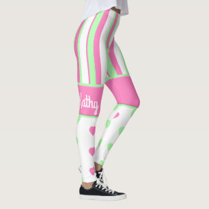 Corazones rosas y verdes y cintas Leggings