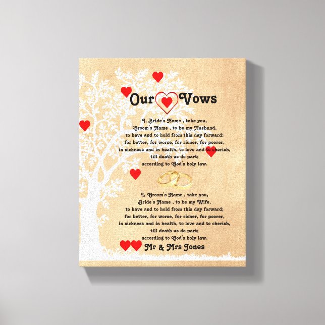 Corazones y Bodas de árboles juran sobre lienzo (Anverso)