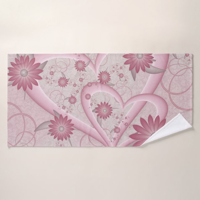 Corazones y flores abstractos rosados Arte fractal (Toalla de baño)