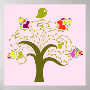 Corazones y pajarito en un árbol lindo impresión d