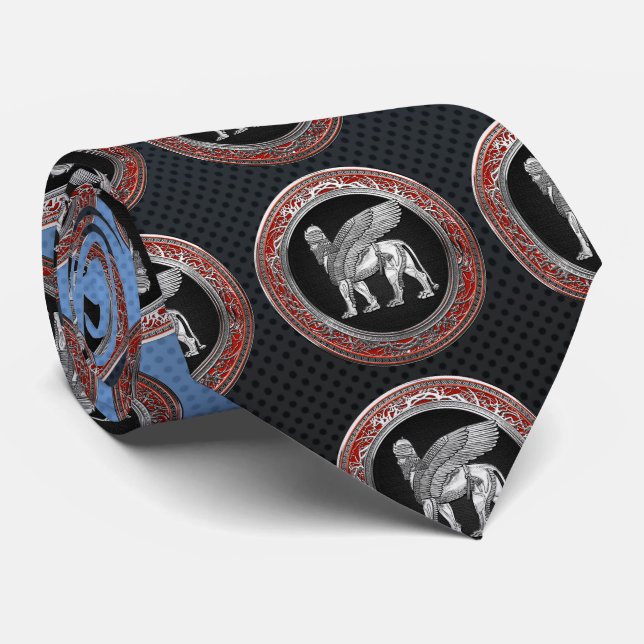 Corbata [700] León alado asirio - Plata Lamassu (Enrollado)