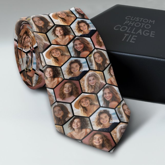 Corbata 7 Collage de fotos - honeycomb funky patrón - negr (Custom Tie with a Photo Collage)