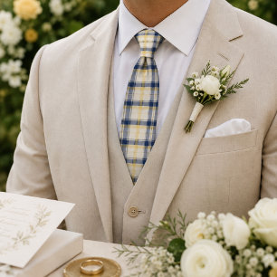 Corbata a cuadros azul marino y amarillo mantequil