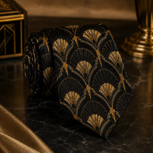 Corbata Abanico Art Deco de lujo en negro y oro para boda
