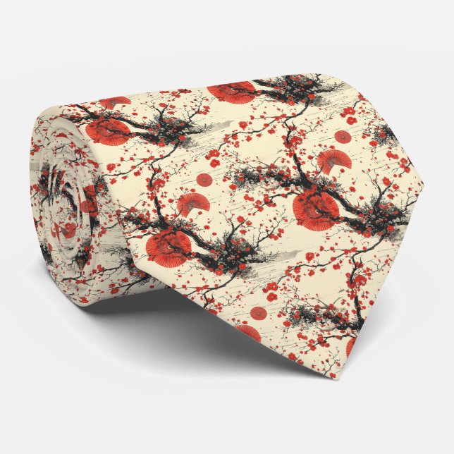 Corbata Abanico de Flor de Cerezo Japonesa Patrón (4) (Enrollado)