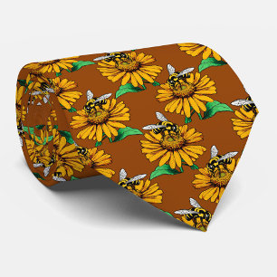 Corbata Abeja en diseño de patrón de flor de girasol marró