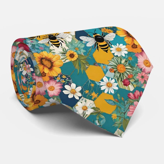 Corbata Abejas y Florales Patrón de Flor de Abeja (Enrollado)