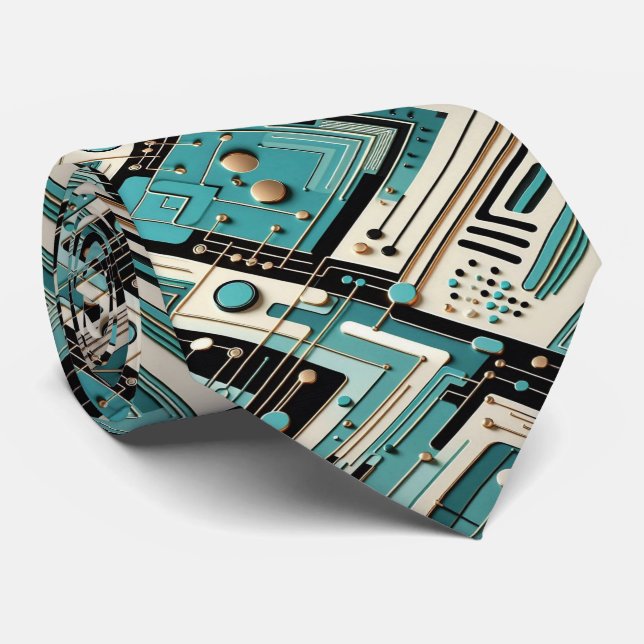 Corbata Abstract Circuit Board - Retro Mid Century Modern  (Enrollado)