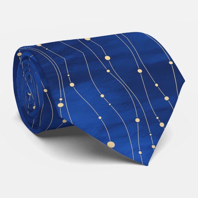Corbata  Abstract Gold Lines and Dots on Blue (Enrollado)