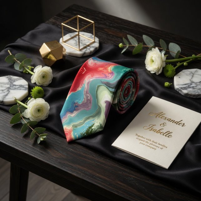 Corbata Abstract Liquid Marble Vibrant Emerald Crimson  (Subido por el creador)