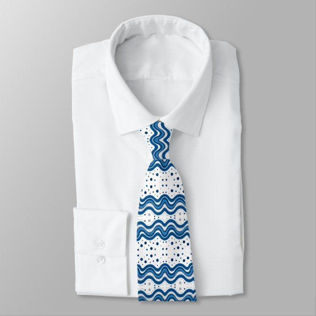 Corbata Abstract Moroccan White & Blue Wavy Lines & Dots (Atado)