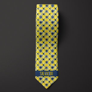 Corbata Abstracto Acuarela Amarillo y Floral Azul Monogram