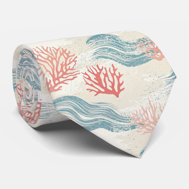 Corbata Acuarela Costera Coral & Olas de Conchas (6) (Enrollado)