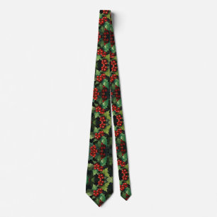 Corbata Acuarela de Navidad hojas de bayas de acebo botáni