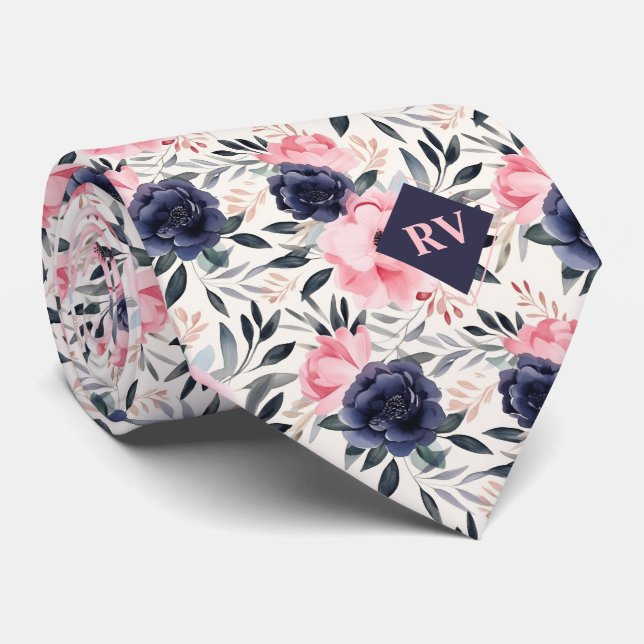Corbata Acuarela floral azul marino y rosa (Enrollado)