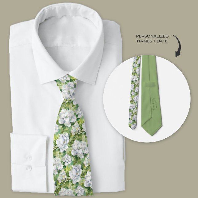 Corbata Acuarela Gardenia blanca Groomsmen floral (Watercolor white gardenia floral wedding necktie for groom and groomsmen.)