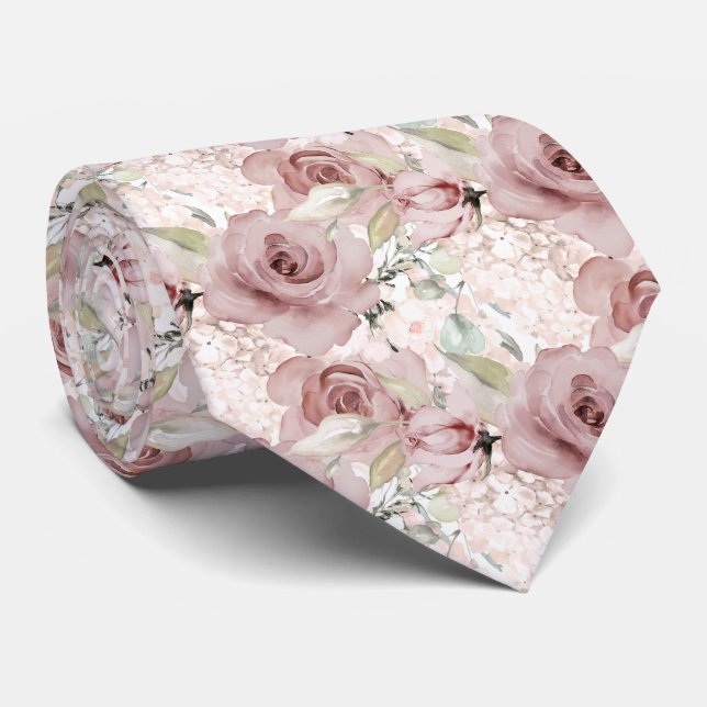 Corbata Acuarela Rosas agitados Hydrangeas fondo DIY (Enrollado)