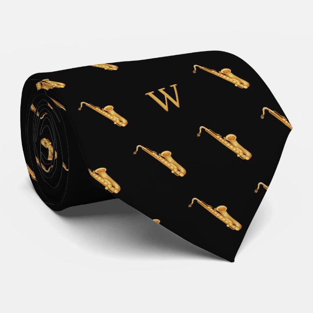 Corbata Acuarela Saxofón Jazz Música Monogramada Negro (Enrollado)