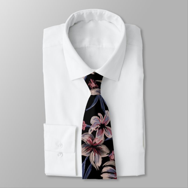 Corbata Acuarelas Crimson Floral sobre negro (Atado)