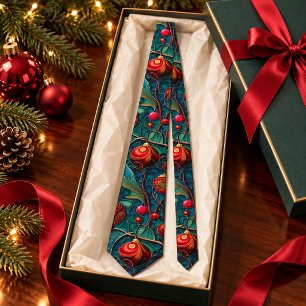 Corbata Adornos Navideños Vintage Art Nouveau Teal Rojo