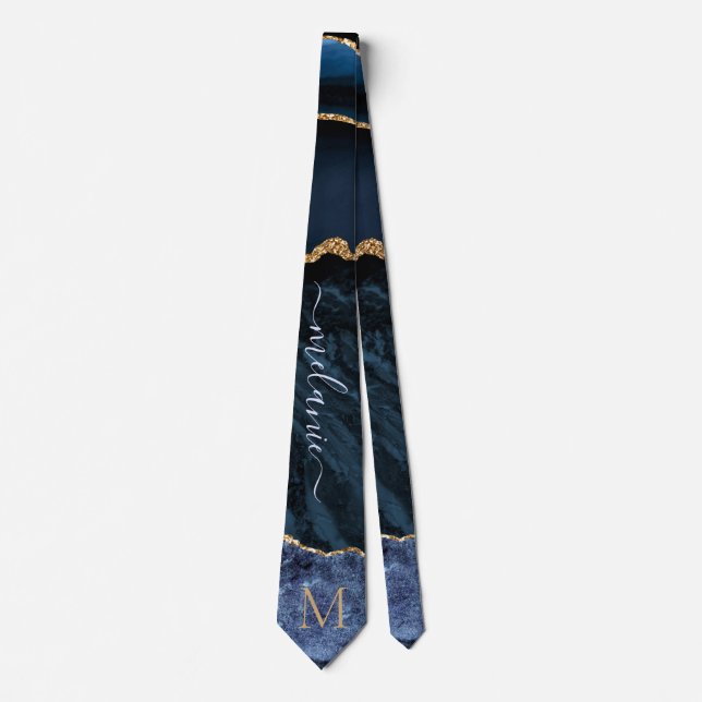 Corbata Agate Navy Blue Gold Gemstone Marble Monograma (Anverso)