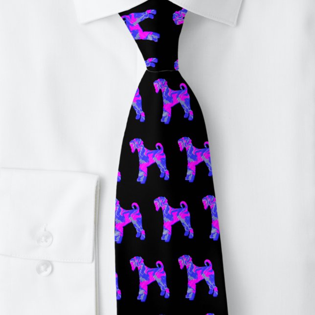 Corbata Airedale Terrier Dog Silhouette Pink & Blue Black (Airedale Terrier punk n blue silhouette black tie)