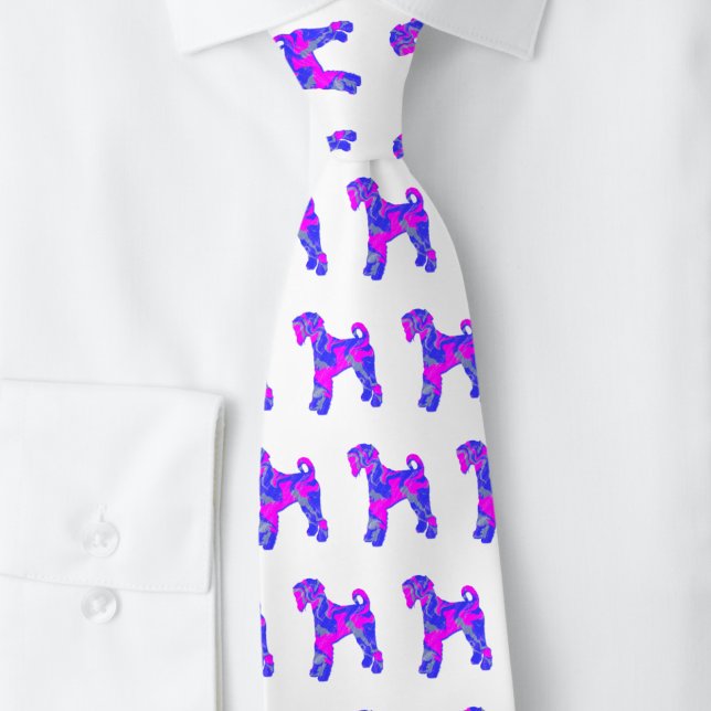 Corbata Airedale Terrier Dog Silhouette Pink & Blue White (Airedale Terrier dog silhouette pink and blue pattern white tie )