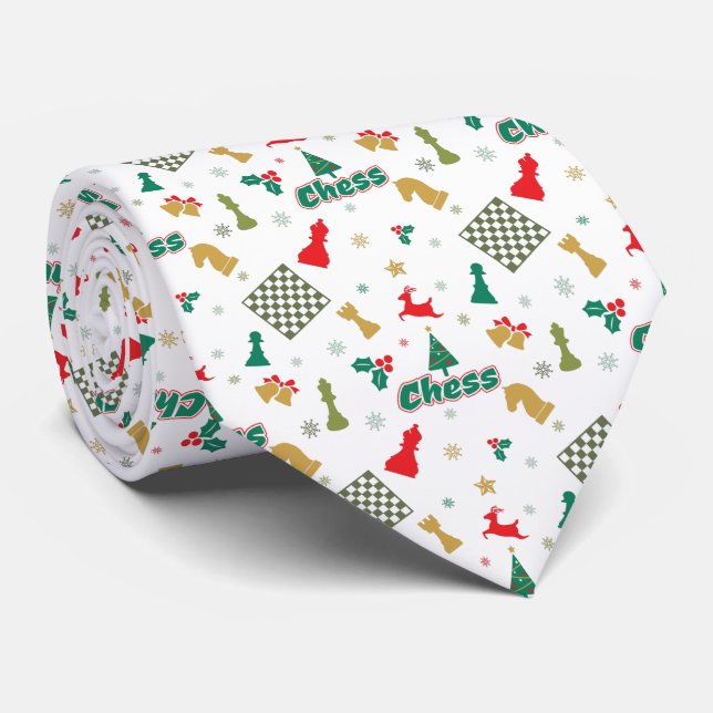 Corbata Ajedrez de Navidad - Piezas, Árbol, Acebo, Reno (Enrollado)