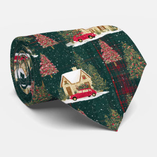 Corbata Aldea De Navidades De Los Bosques Verdes Y Rojos