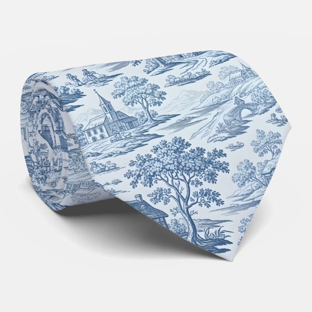 Corbata Aldea Toile de Jouy en azul (Enrollado)