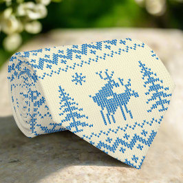 Corbata Alegre Reno Navideño Árbol Nieve Azul Patrón