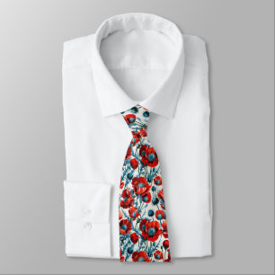 Corbata Amapolas Rojas & Cardos de Plata Botánico Sin Cost