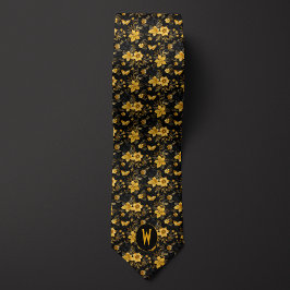 Corbata Amarillo Ámbar Floral sobre Negro