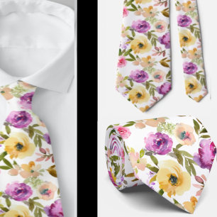 Corbata Amarillo de primavera rosa púrpura floral acuarela