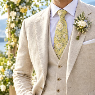 Corbata Amarillo Mantequilla Marfil Patrón Botánico Rosa F