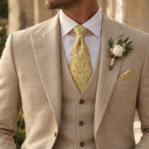 Corbata Amarillo Mantequilla Rosa Dorada Vid Floral Damás
