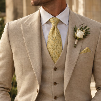 Corbata Amarillo Mantequilla Rosa Dorada Vid Floral Damás