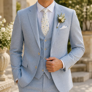 Corbata Amarillo Mantequilla y Jardín de Acuarela Azul Pol